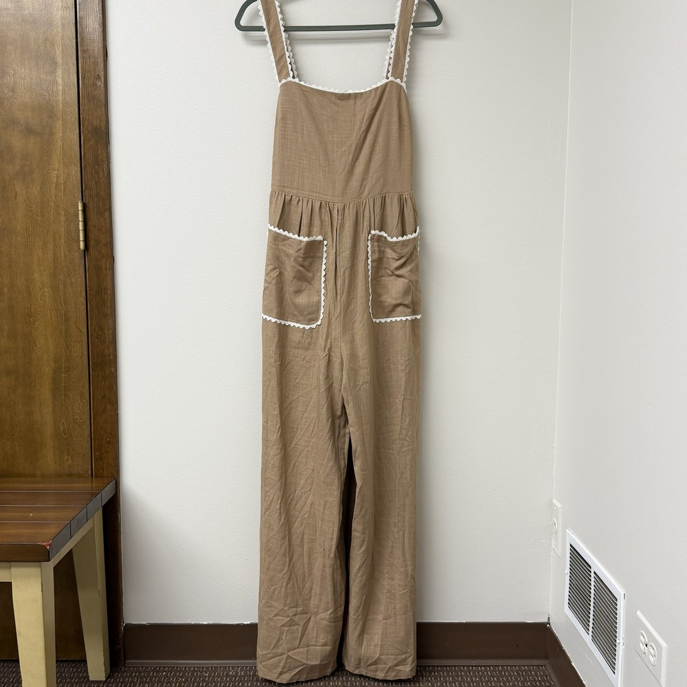 VICI, Tan Linen Blend Crochet Lace Trim Wide Leg Tie Back Jumpsuit Size Large - Picture 2 of 9
